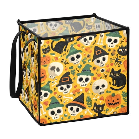 Home Organizer Foldable Fabric Storage Bin With Handle Witches Hats Black Cats Pumpkins