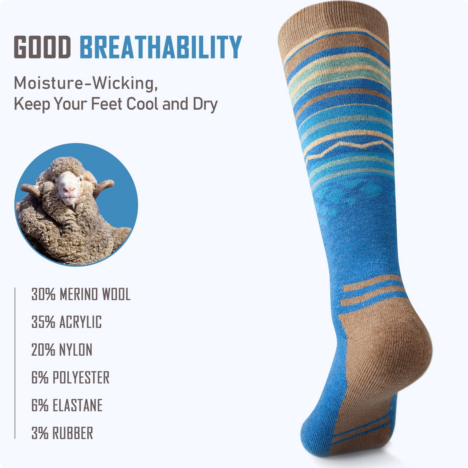 OutdoorMaster Ski Socks 2-Pack Merino Wool, Over The Calf Non-Slip Cuff for Men & Women