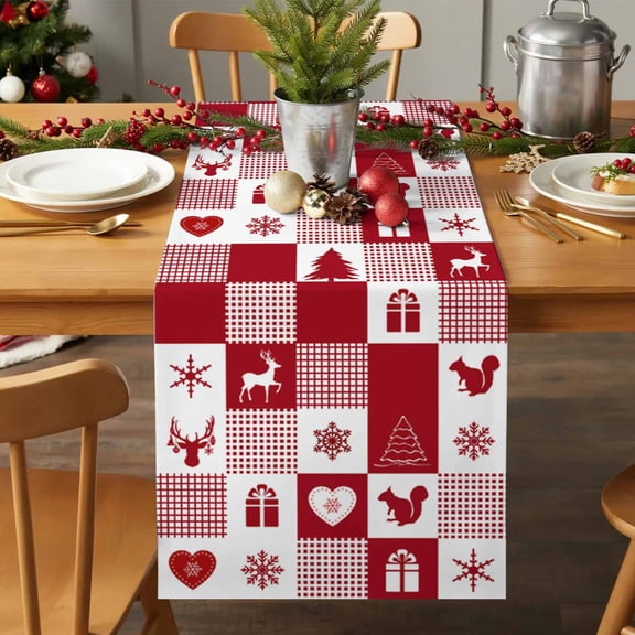Table Runner 36 Inches Long - Christams Elks Pine and Snowflakes Decorative Table Scarf, Farm Red and White Lattice Dining Table Runners for Wedding Party Kitchen Dining Tables