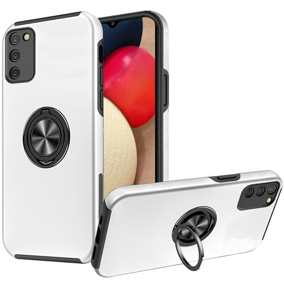 For Samsung Galaxy A02S Hybrid 360 Degree Rotatable Metal Invisible Ring Stand Holder Fit Magnetic Car Mount Shockproof Slim Cover ,Xpm Phone Case [Silver]