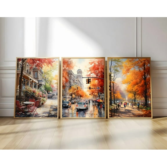 UNFFRAMED Fall Town City Art Set Of 3, Artful Bohoation, Autumn Gallery Bundle Set Of 3, Autumn City Prints, Modern Wall Decor Set 3 Prints 8x12