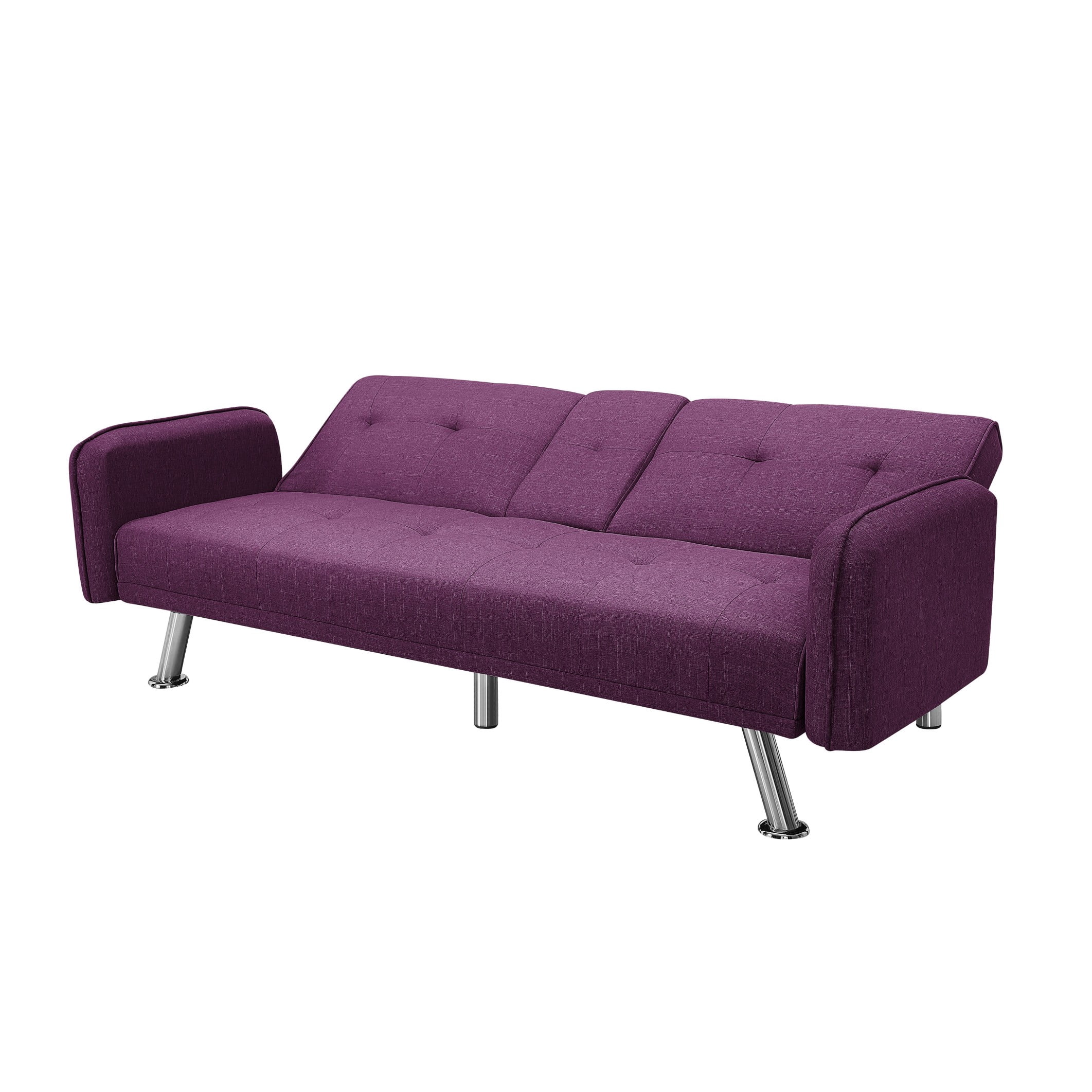 BSHTI 74.4" Futon Sleeper Sofa Bed with Drop-Down Middle Back & 2 Cup Holders – 3-Position Adjustable Backrest, Linen Upholstery, Chrome Metal Legs, for Home, Office, Guest Room,Purple