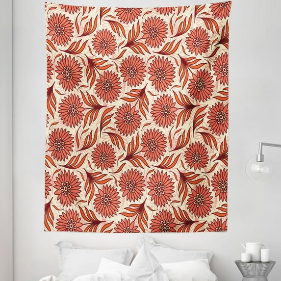 Coral Tapestry, Nostalgic Pattern with Gerbera Remembering the Freshness of Summer, Fabric Wall Hanging Decor for Bedroom Living Room Dorm, 5 Sizes, Dark Coral Vermilion, by Ambesonne