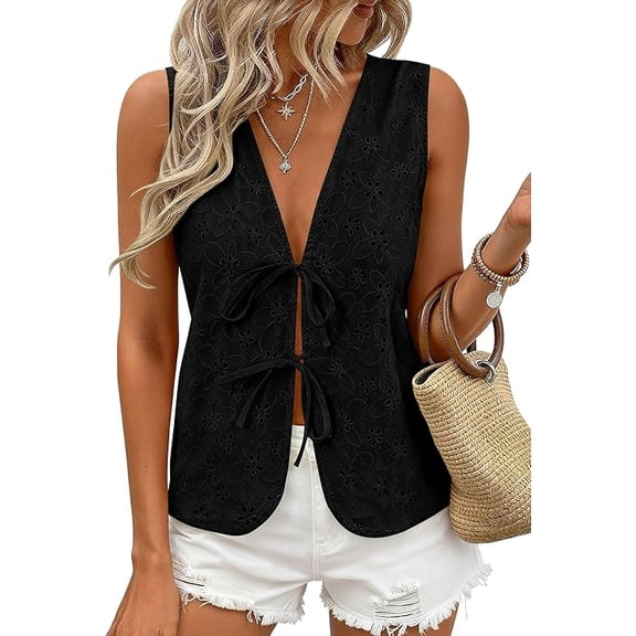 PRETTYGARDEN Women Summer Tie Front Eyelet Tank Tops Trendy Floral Vest Sleeveless V Neck Dressy Blouse Vacation Outfits