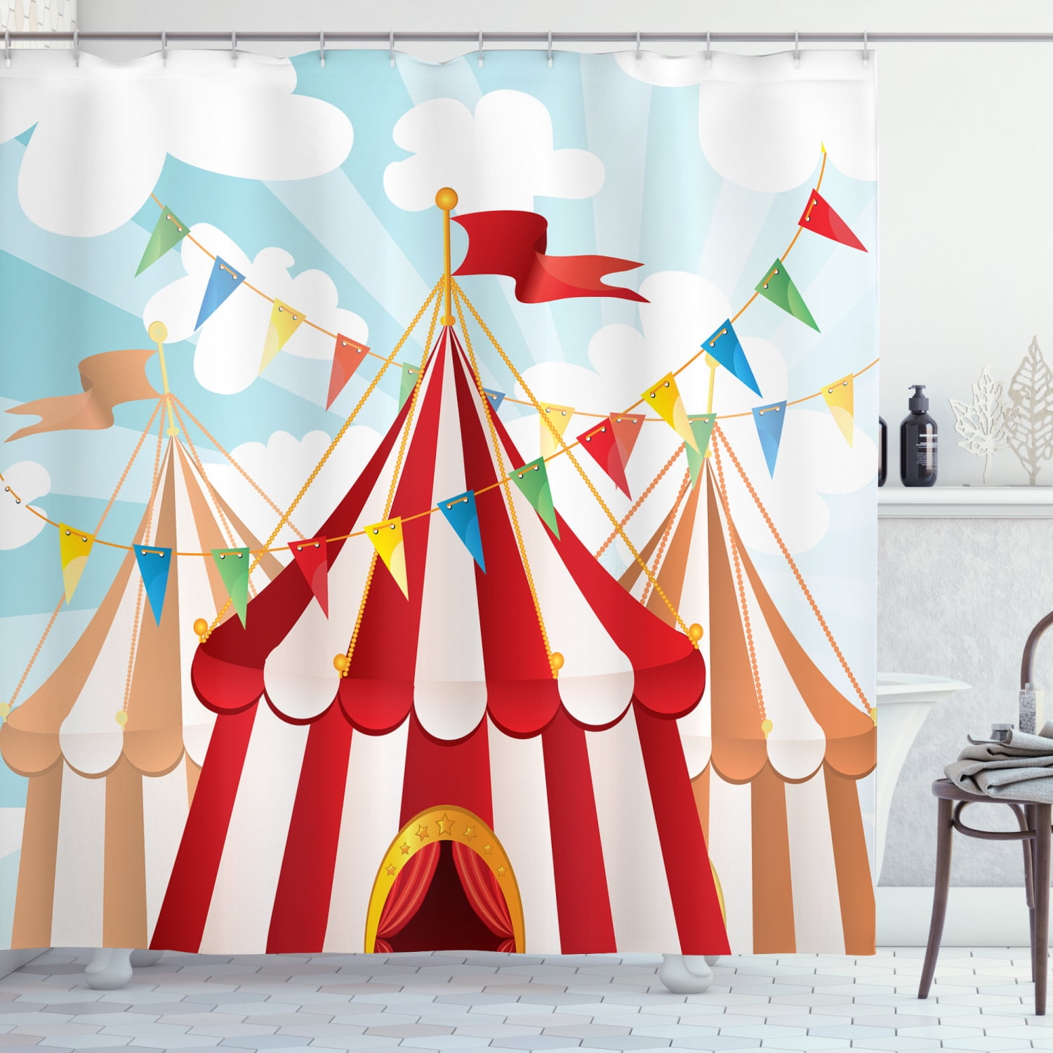Circus Shower Curtain, Circus Stripes Sunshines Through Cloudy Sky