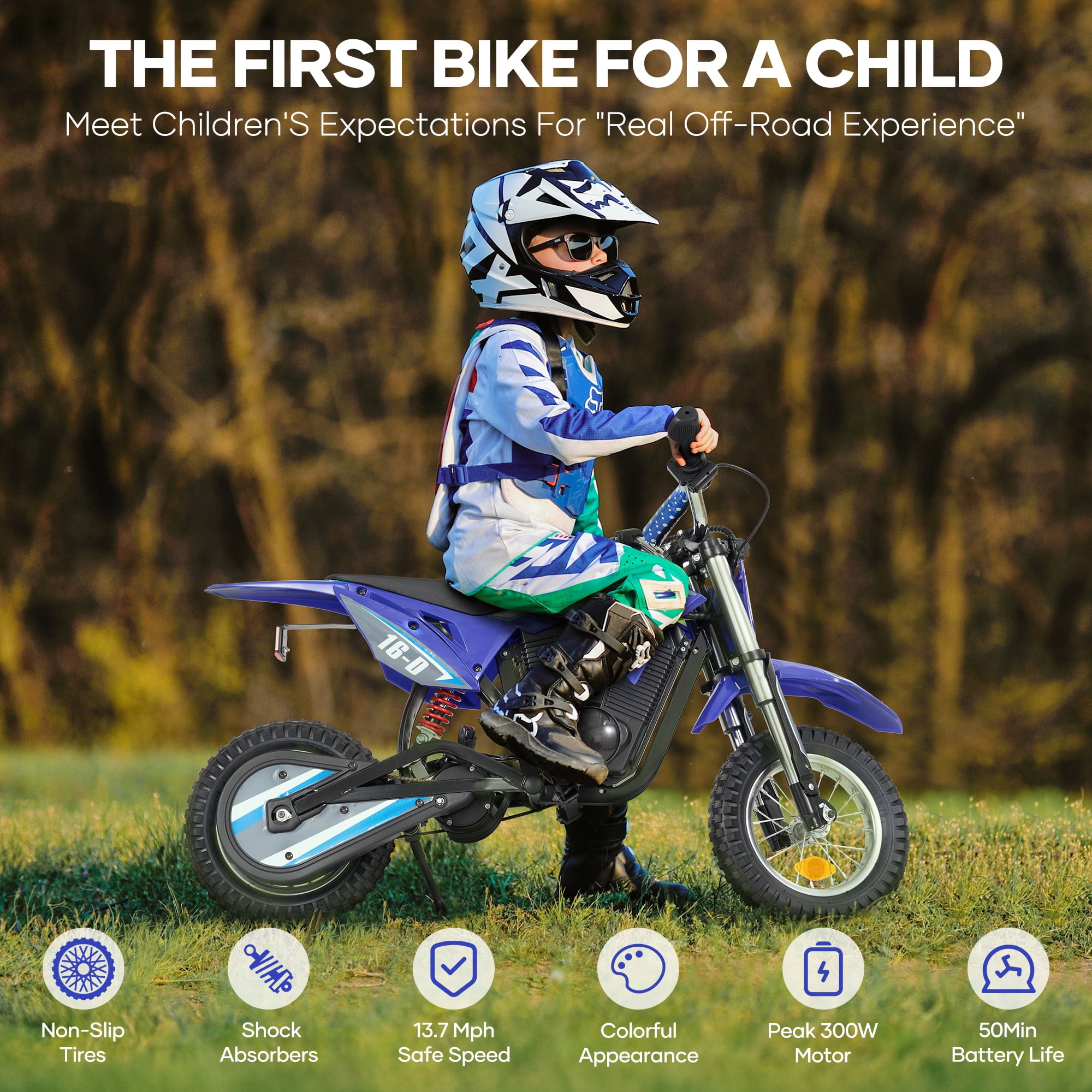 Naipo  Electric Dirt Bike with 36V 6Ah Lithium Battery , 300W Brushless Motor,14MPH & 3-Speed Modes Motorcycle  for Kids  Height 3.6-4.9Ft