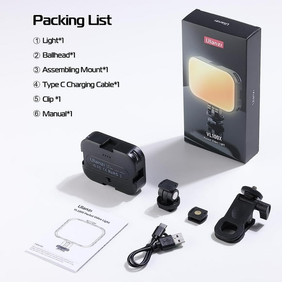 Ulanzi VL100X Computer Camera Light Bi-Color Selfie Light Dimmable 2500-6500K Clip LED Light Panel for Smartphone Laptop Tablet