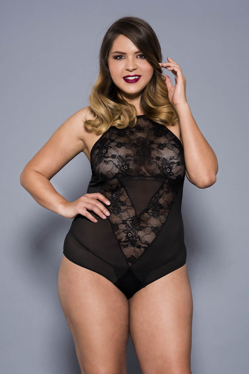 Plus size halter neck lace teddy with sheer panels 80057Q-BLACK