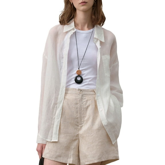 Womens Button Down Shirts Long Sleeve Ramie Gauze Tops Casual Collared Blouses Loose Fit White S