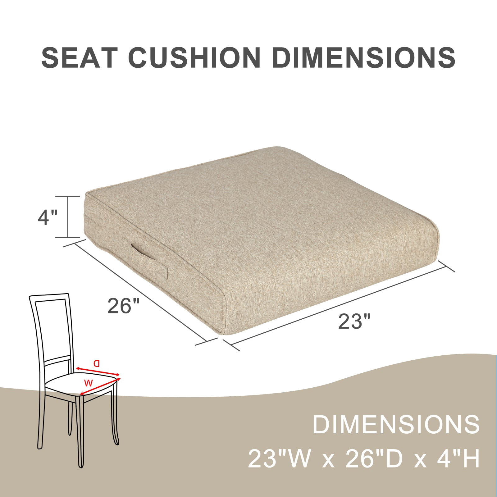Aoodor Patio Chair Cushions Set of 2, 23 x 26 x 4 Inch Water Resistant Outdoor Seat Cushions with Handle and Ties, Square Corner Cushions for Patio Furniture Garden Lawn, Brown