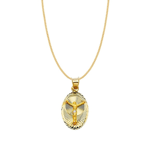 Precious Stars 14K Two-Tone Gold Diamond-Cut Crucifix Oval Religious Unisex Pendant with 16" Chain Necklace