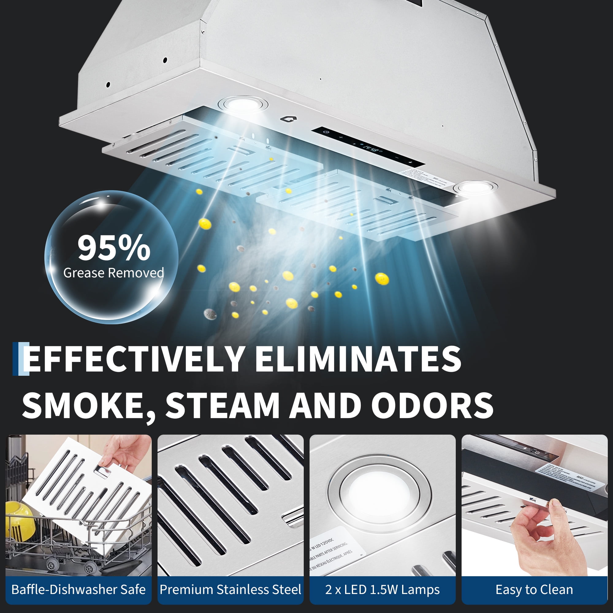 30 Inch Stainless Steel Range Hood, Under Cabinet Kitchen Hood 450CFM, Convertible Ducted/Ductless, Remote Control, 3-Speed Touch Screen, Baffle Filters, LED Lights