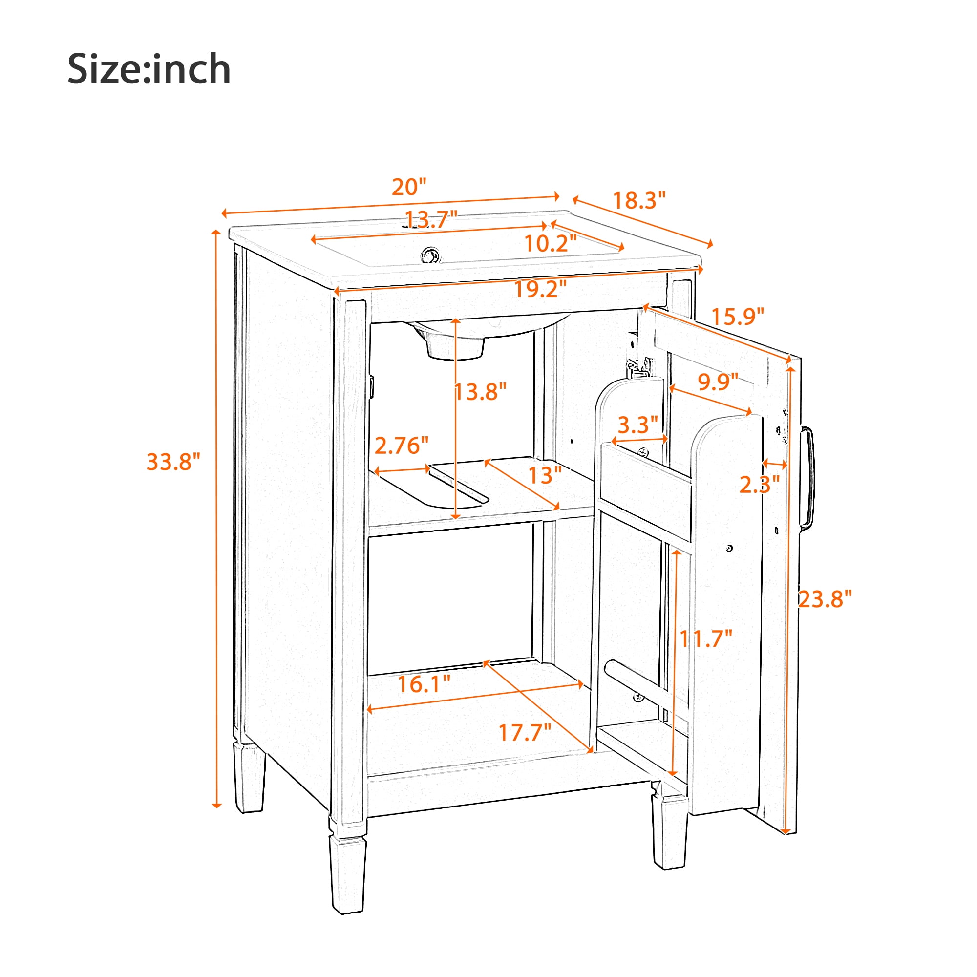 Euroco 20" Gray Bathroom Vanity with Ceramic Sink, Soft Close Door, Adjustable U-Shaped Shelf, Door Storage Rack, Modern Freestanding Cabinet for Small Bathrooms