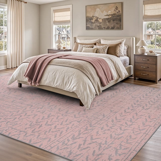 Pink Area Rug 5x7 Rugs for Living Room Bedroom High Low Textured Jacquard Boho Neutral Carpet - Non Slip Machine Washable Rug Dining Nursery Living Room Farmhouse Rug