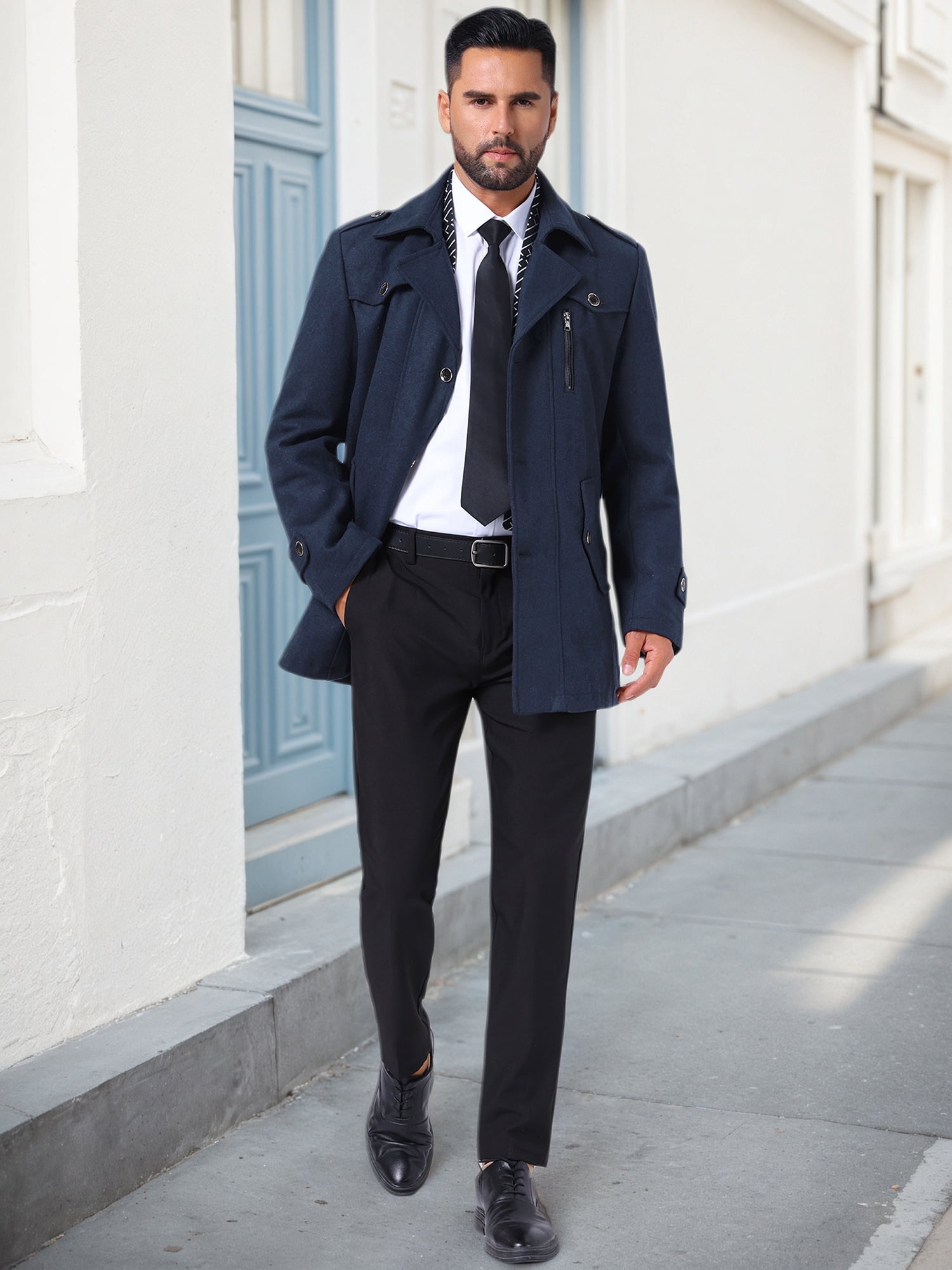 DARING DIVA Men's Mid-Length Overcoat Zipper Single Breasted Winter Coat S Dark Blue