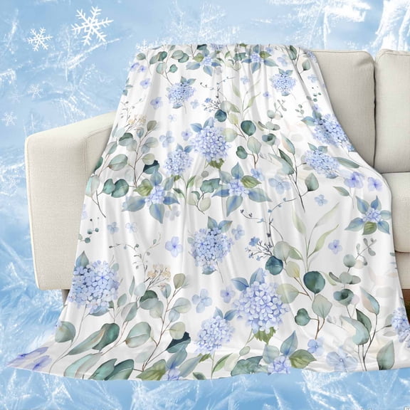 Blue Flower Cooling Blanket,Lightweight Breathable Summer Throw Blanket with Double Sided Cold Effect,Sage Green Eucalyptus Leaf Farmhouse Country Picnic Blankets Bed Sheet for Hot Sleepers 60"x80"