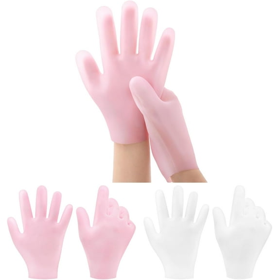 2 Pairs Silicone Gloves for Dry Cracked, Silicone Moisturizing Gloves for Women, Hand Care Silicone Gloves, Spa Gel Gloves Hand Care After Pedicure Silicone Gloves - Pink & White