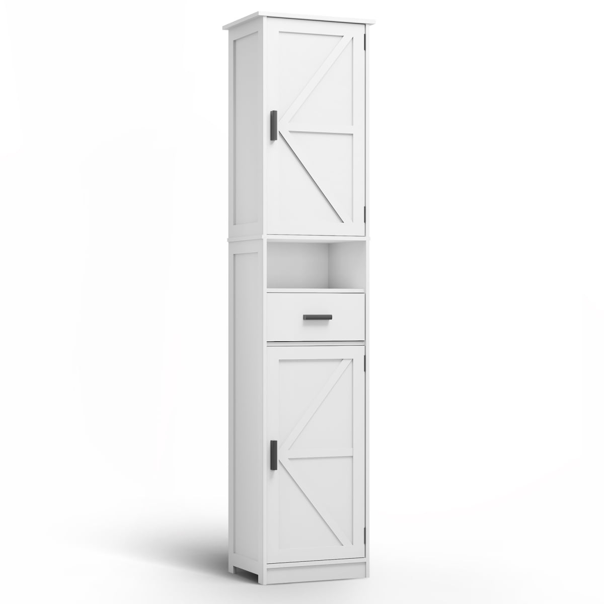 69" H Tall Bathroom Storage Cabinet with 2 Barn Doors and 1 Drawer, Narrow Storage Unit with Adjustable Shelves, Floor Cabinet for Bathroom Living Room Entryway, White