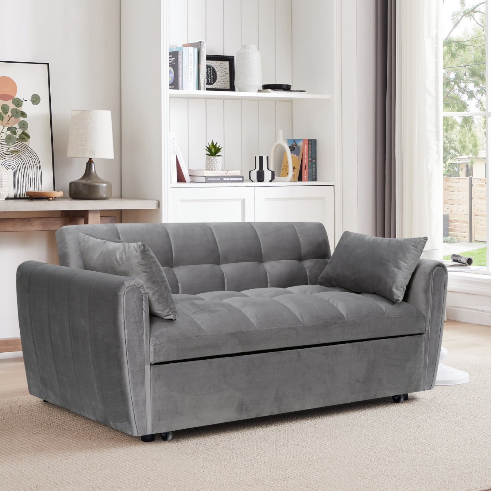 65 Inch 3-in-1 Convertible Sleeper Sofa Bed, Velvet Loveseat with Adjustable Backrest & Padded Armrests, Multifunctional Pull Out Couch for Living Room Apartment Bedroom Office, Dark Gray