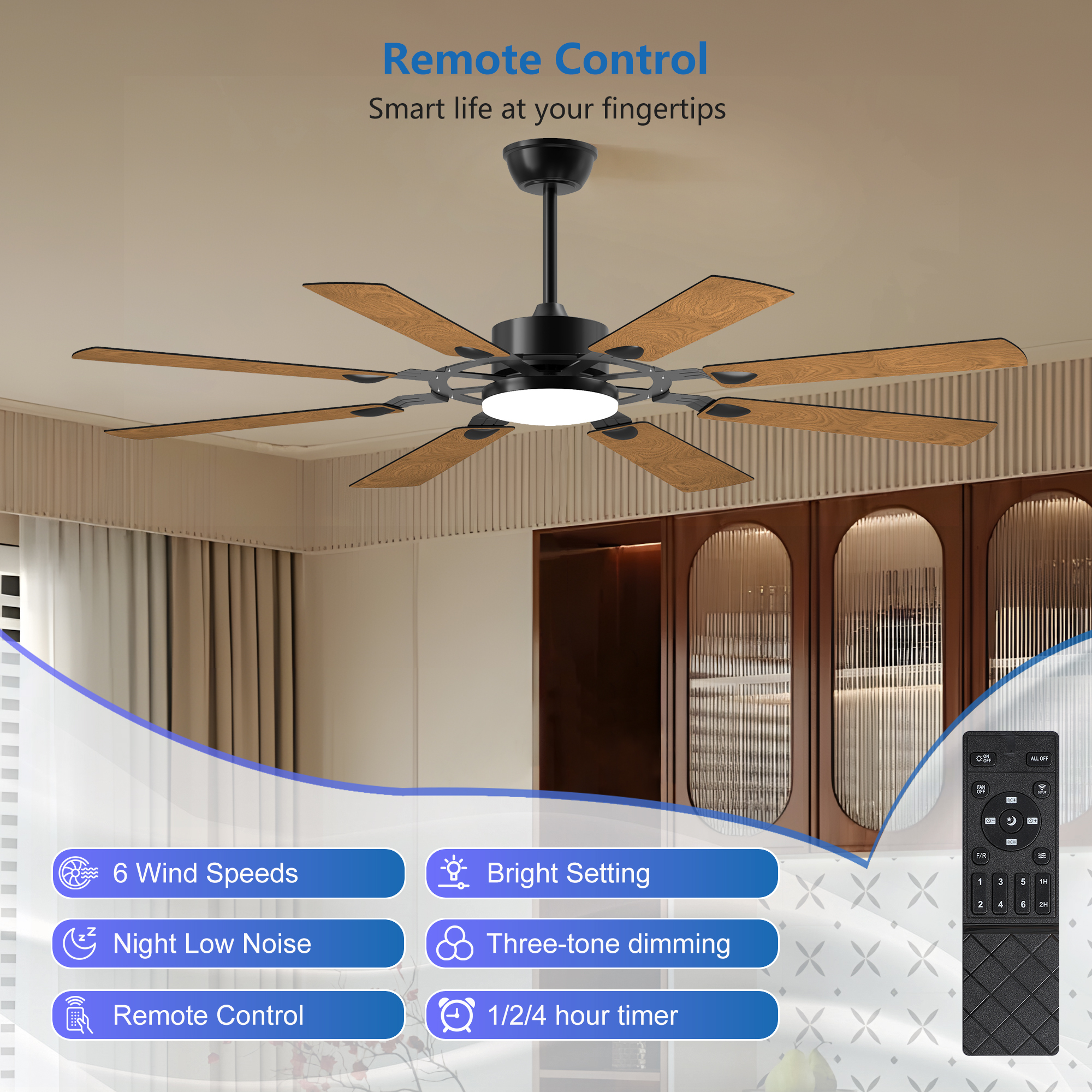 Leumius 60" Ceiling Fan with Lights and Remote Control, 8 Plywood Blades, 6-Speed Noiseless Reversible DC Motor, 3CCT, Windmill Ceiling fan for Kitchen Bedroom Living Room Black