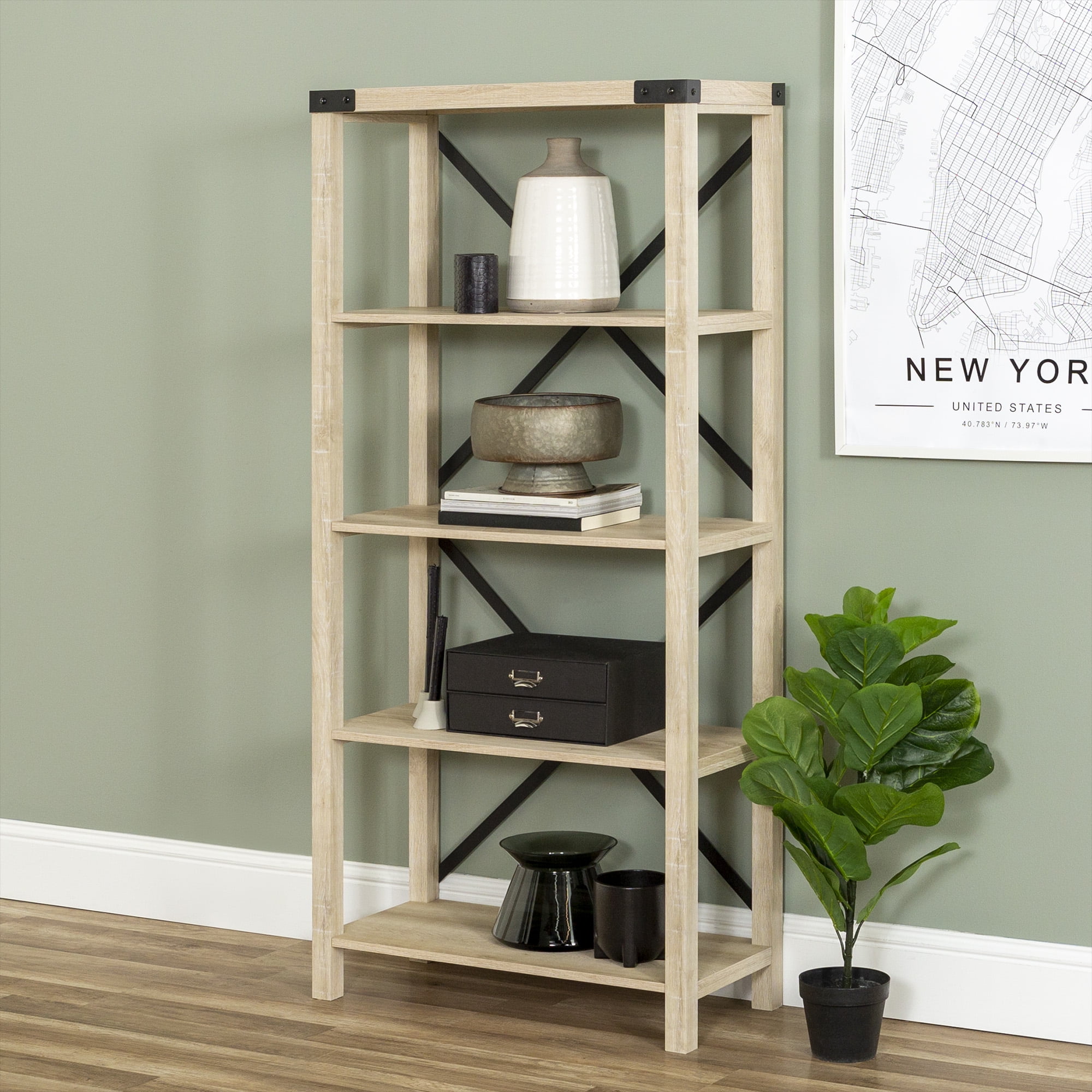 Desert Fields Rustic Industrial 4Shelf Bookshelf, White Oak