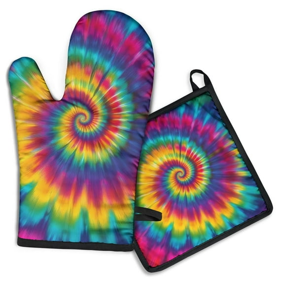 Rainbow Tie Dye Mandala Pattern Kitchen Oven Mitt and Pot Holder Sets 2 Pcs for Baking, Cooking and Grilling, Heat Resistant Up To 392 °F