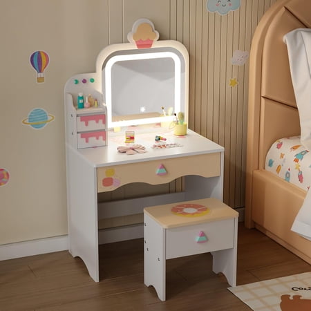 Matladin Kids Vanity with Lights, Cloud-Like LED Light Strip & Drawer, Dessert-Themed Vanity, Makeup Desk with Stool for Little Girls Ages 3-8