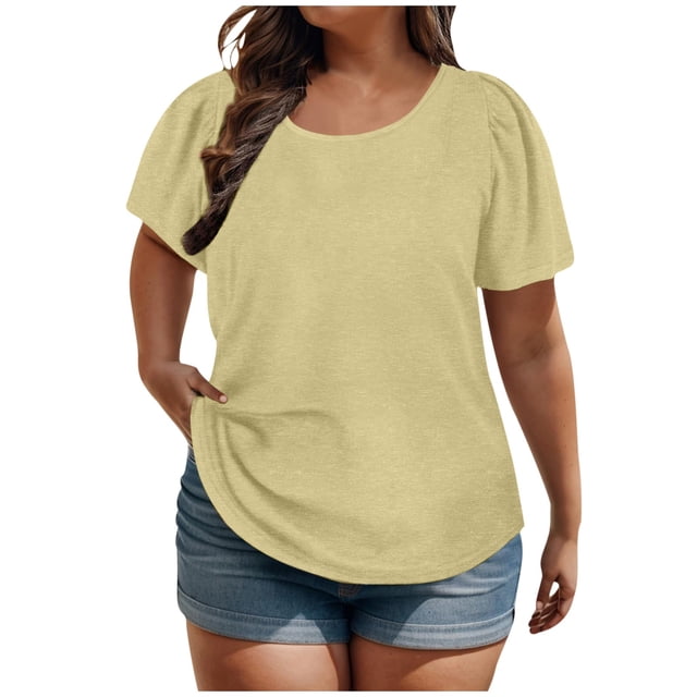 AherBiu Plus Size Tops for Women Basic Round Neck Loose Fitting Short Sleeve Solid Color Tees Shirts Tops
