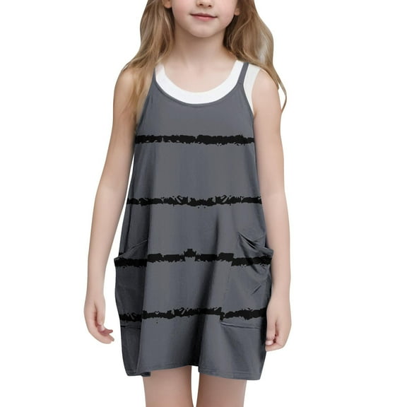 Girls Spaghetti Strap Dresses with Pockets Size 5-14 Cute Sundresses Teens Kids Casual Stripe Printed Pullover Loose Short Mini Dress