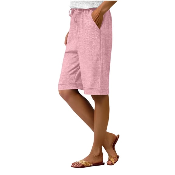 Josdec Women's Plus Size Solid Color Sports Bermuda Shorts Elastic Drawstring Waist Knee‑Length with Side Pockets Casual and Outdoor Wear