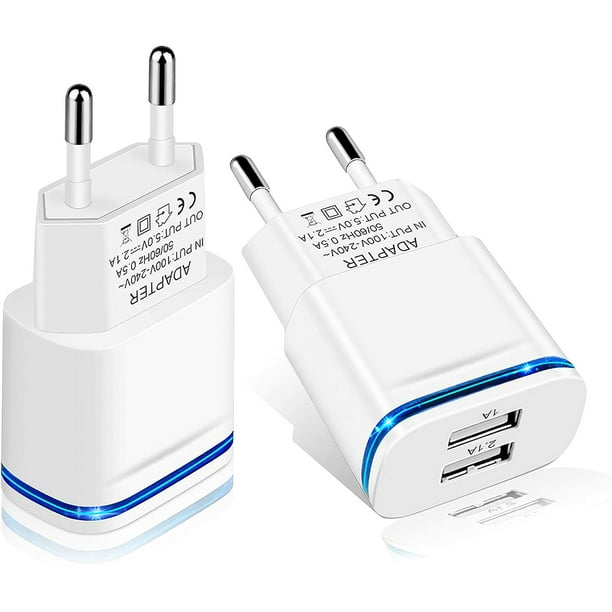 Adaptateur de prise européenne, LUOATIP 2-Pack 2.1A/5V Europe Dual USB Wall  Charger Travel Power Adapter Remplacement pour iPhone 