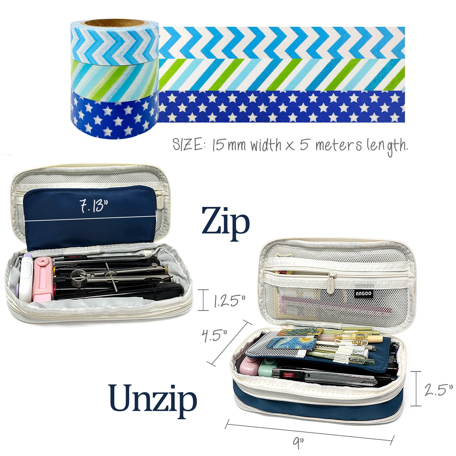 allydrew Large Capacity Pencil Case, Expandable Pencil Pouch with 3 Washi Rolls, Navy