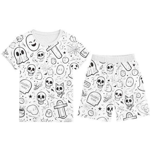 Whouriu Toddler Girls Halloween Loungewear Set Ghost Prop Sketch Print Round Neck Top with Shorts Casual Home 2Pcs Clothes Set