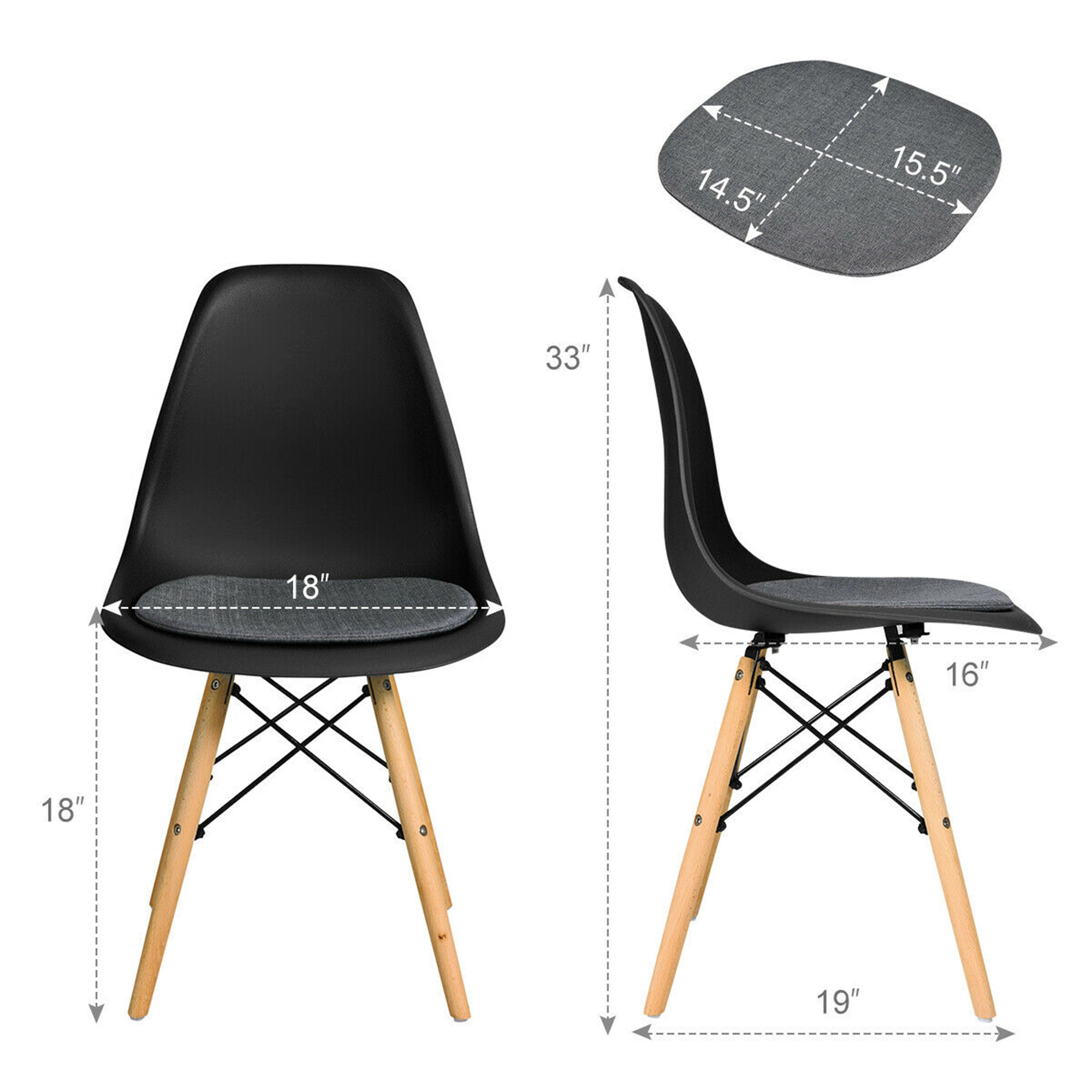 Gymax 4PCS Mid Century Modern DSW Chair Dining Chair Furniture W/ Linen Cushion Black