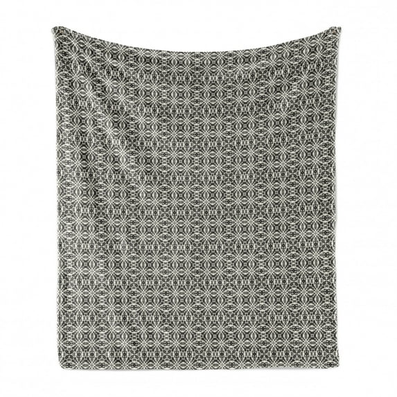 Moroccan Soft Flannel Fleece Throw Blanket, Continuous Detailed Floral Inspired Ornaments Abstract Monochrome Pattern, Cozy Plush for Indoor and Outdoor Use, 70" x 90", Ivory Dark Taupe, by Ambesonne