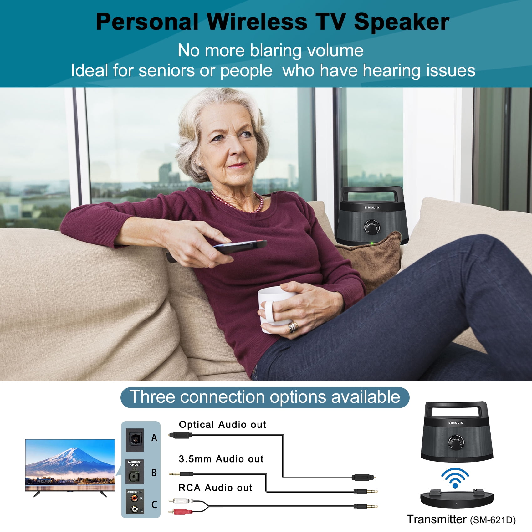 Simolio Portable Wireless TV Speakers with Voice Highlighting, 100ft Range, Optical/RCA/AUX, Extra Headset & 2 Adapters, Black, SM-621D-W (New)