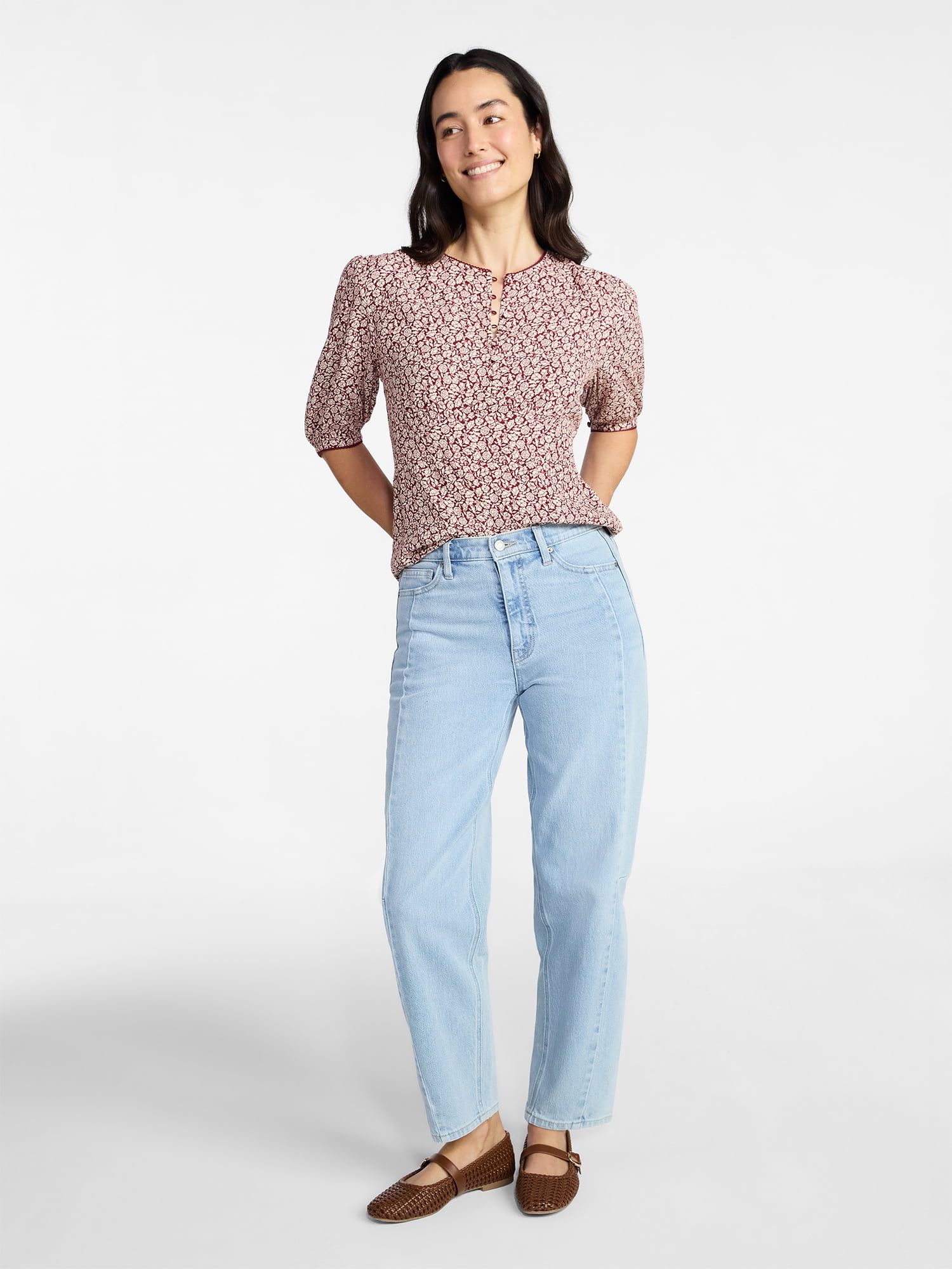 Time and Tru Women’s Empire Waist Top with Puff Sleeves, Sizes XS-XXXL