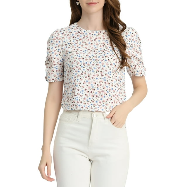 INSPIRE CHIC Hauts Froncés pour Femmes Col Rond Manches Courtes Dos Goutte d'Eau Blouse Florale m Blanc Bleu
