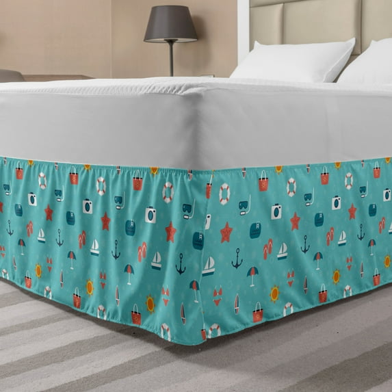Beach Bed Skirt, Starfish Swimsuit Anchor Sandals Sailboat Summer, Elastic Bedskirt Dust Ruffle Wrap Around for Bedding Decor, 4 Sizes, Sea Blue Multicolor, by Ambesonne
