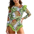 thumbnail image 2 of Cowsor 2-12 Years Girls One Piece Swimsuit Pineapple Print Long Flutter Sleeve Modest UV Protection Swimwear for Summer Beach Pool Training, 2 of 6