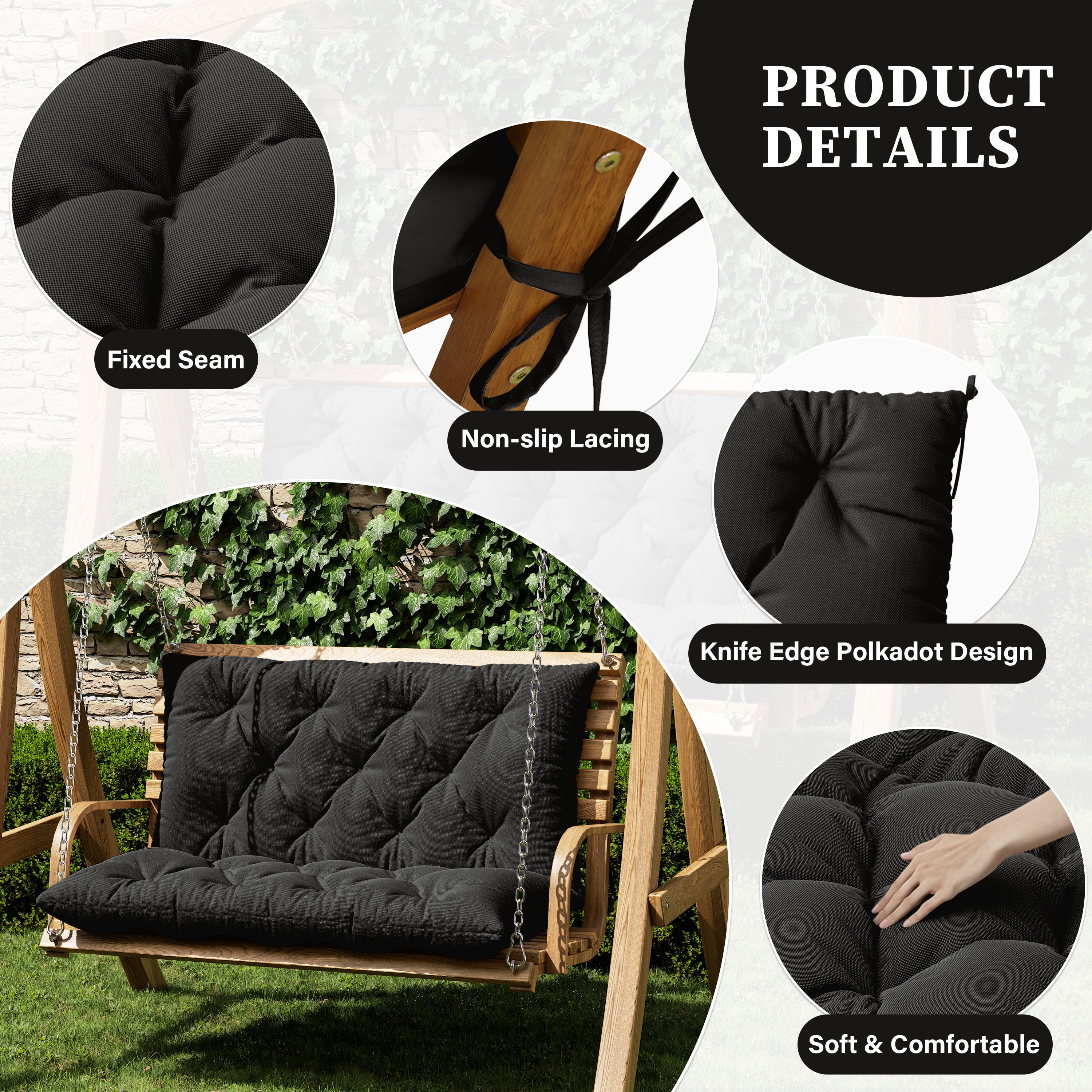 Snubbull Swing Replacement Cushion, Outside Bench Cushion with Backrest, 2 Seater Cushion with 6 Ties for Outdoor Furniture, 40 x 40 x 5 inches Porch SwingCushion Garden Bench, Black