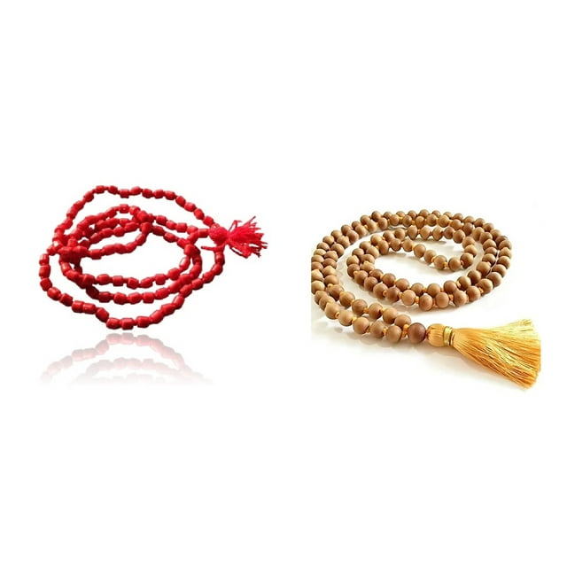 Kamada Combination of Red Coral (Moonga) mala and exquisite yellow chandan (Sandalwood) mala,Spritual Necklace/rosary for Women and Men