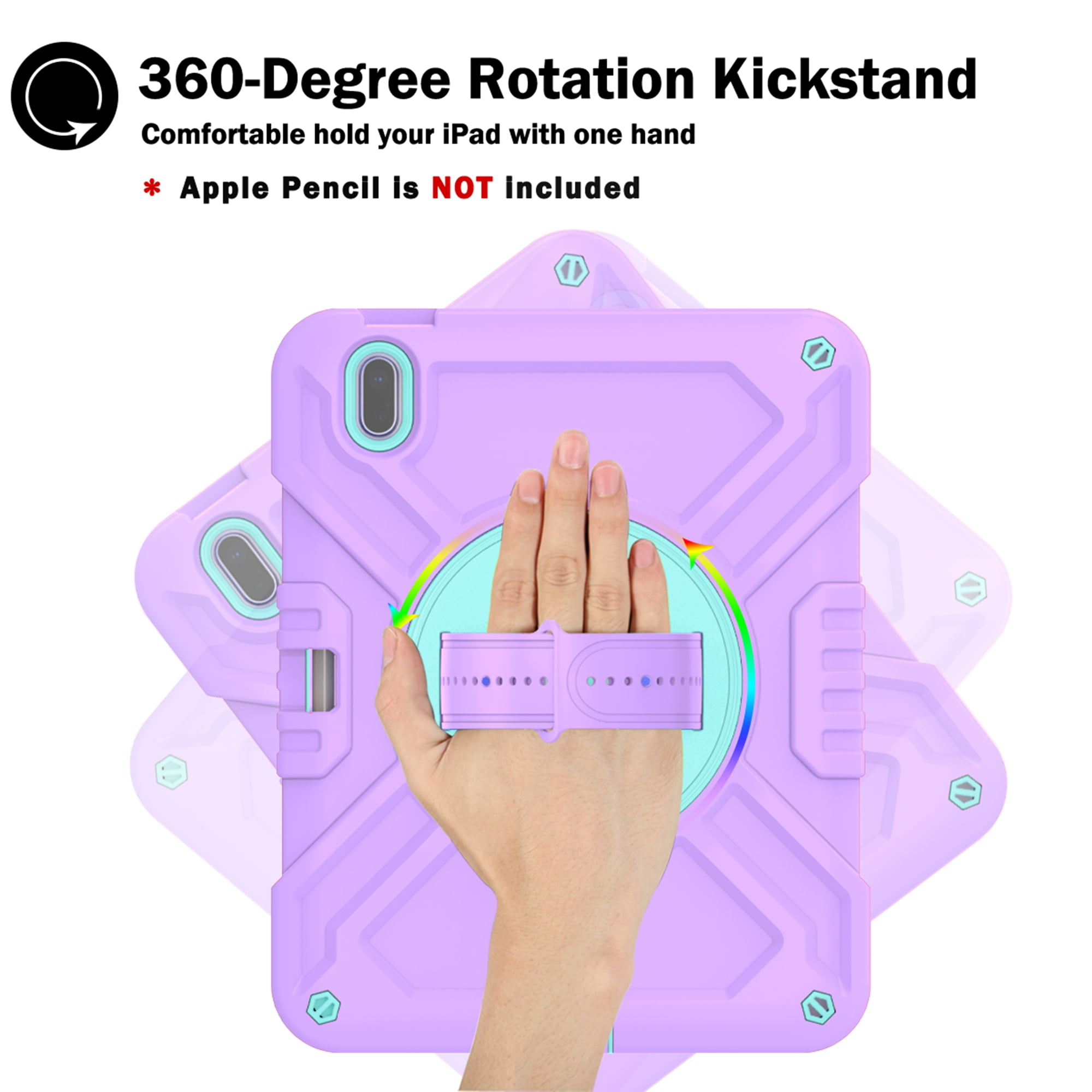 Dteck Kids Case for iPad 10th Generation Case 2022, Military Grade Shockproof Rugged Cover for iPad 10th Gen 10.9 Inch with 360° Swivel Stand - Handle - Shoulder Strap - Pencil Holder,Purple Green