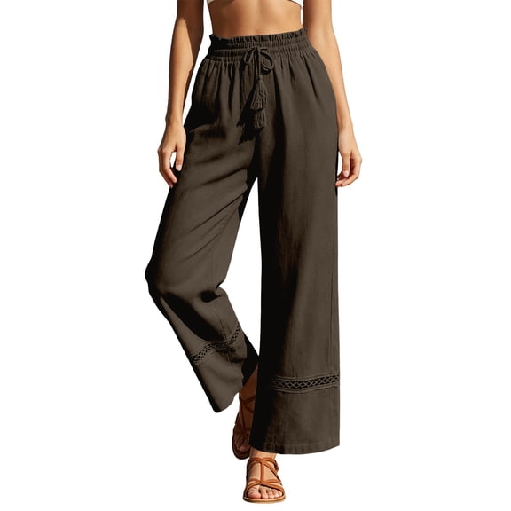 Womens Wide Leg Linen Pants High Waisted Drawstring Palazzo Casual Summer Beach Pants with Pockets
