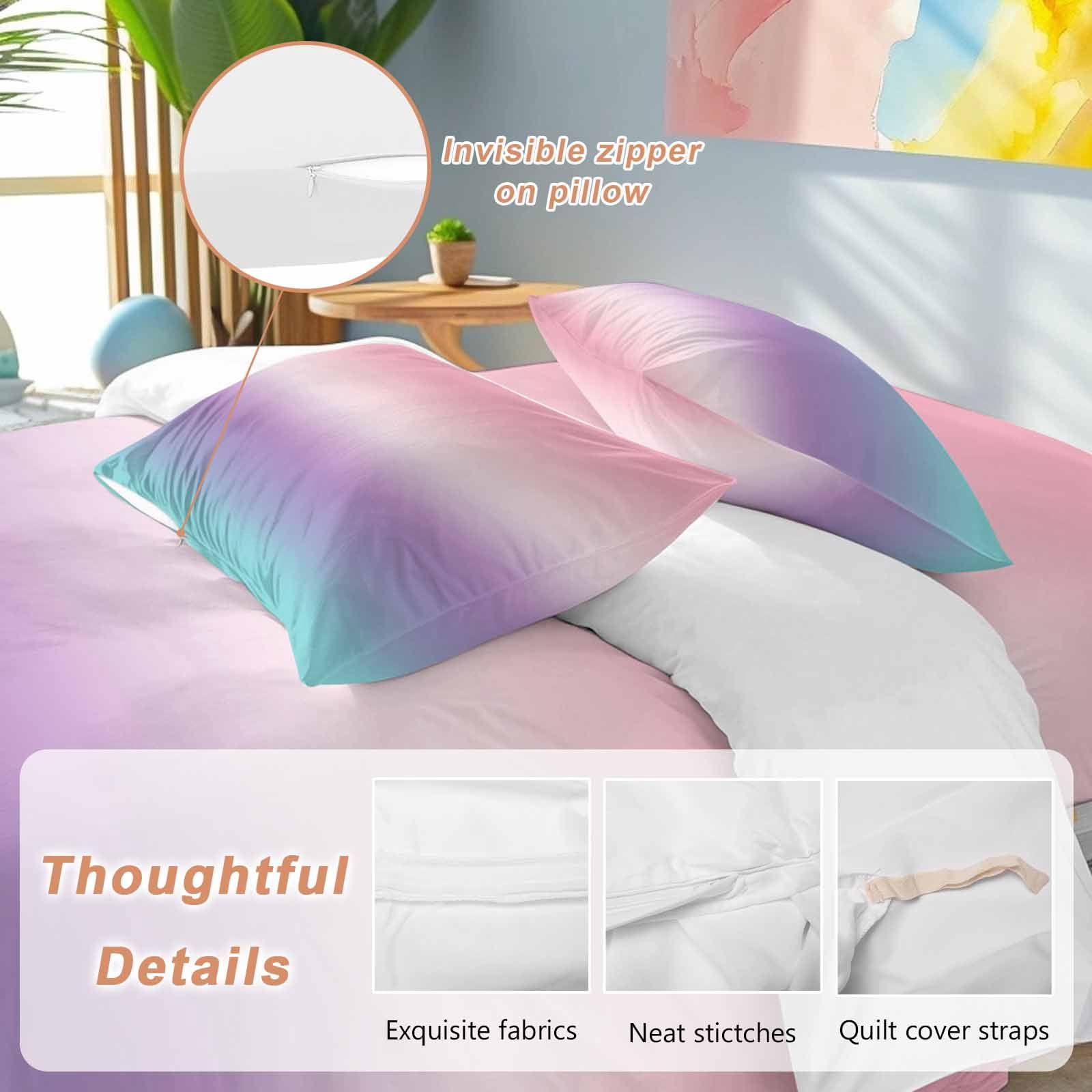 Purple Pink Duvet Cover Set King Size, Teal Gradient 4 Piece Soft Microfiber Bedding Set with 1 Duvet Cover, 1 Flat Sheet, 2 Pillowcases