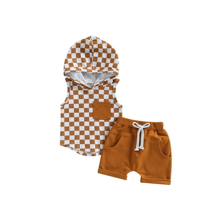 

Coduop Toddler Baby Boy Summer Outfits Checkerboard Print Sleeveless Hoodie T-shirt and Shorts Set