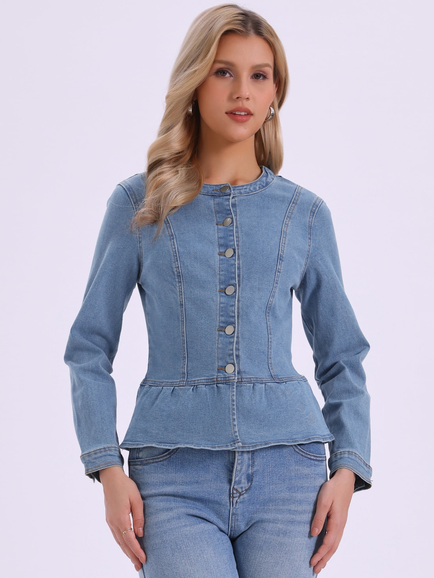 DARING DIVA Women's Peplum Hem Button Down Collarless Jean Jacket M Light Blue