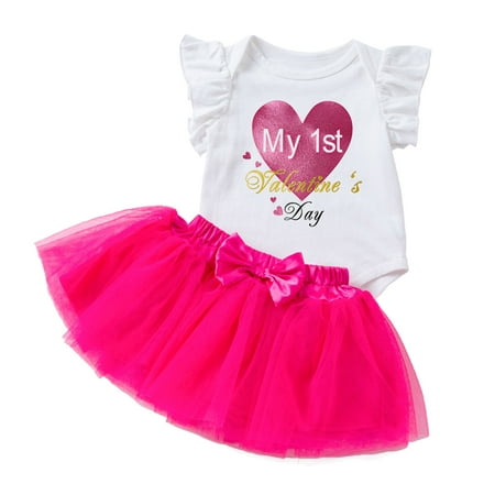 

QYZEU Girls Clothing Set Top And Pants Toddler Girls Valentine S Day Fly Sleeve Letter Prints Romper Bow Tie Net Yarn Short Skirts Kids Headbands Outfits
