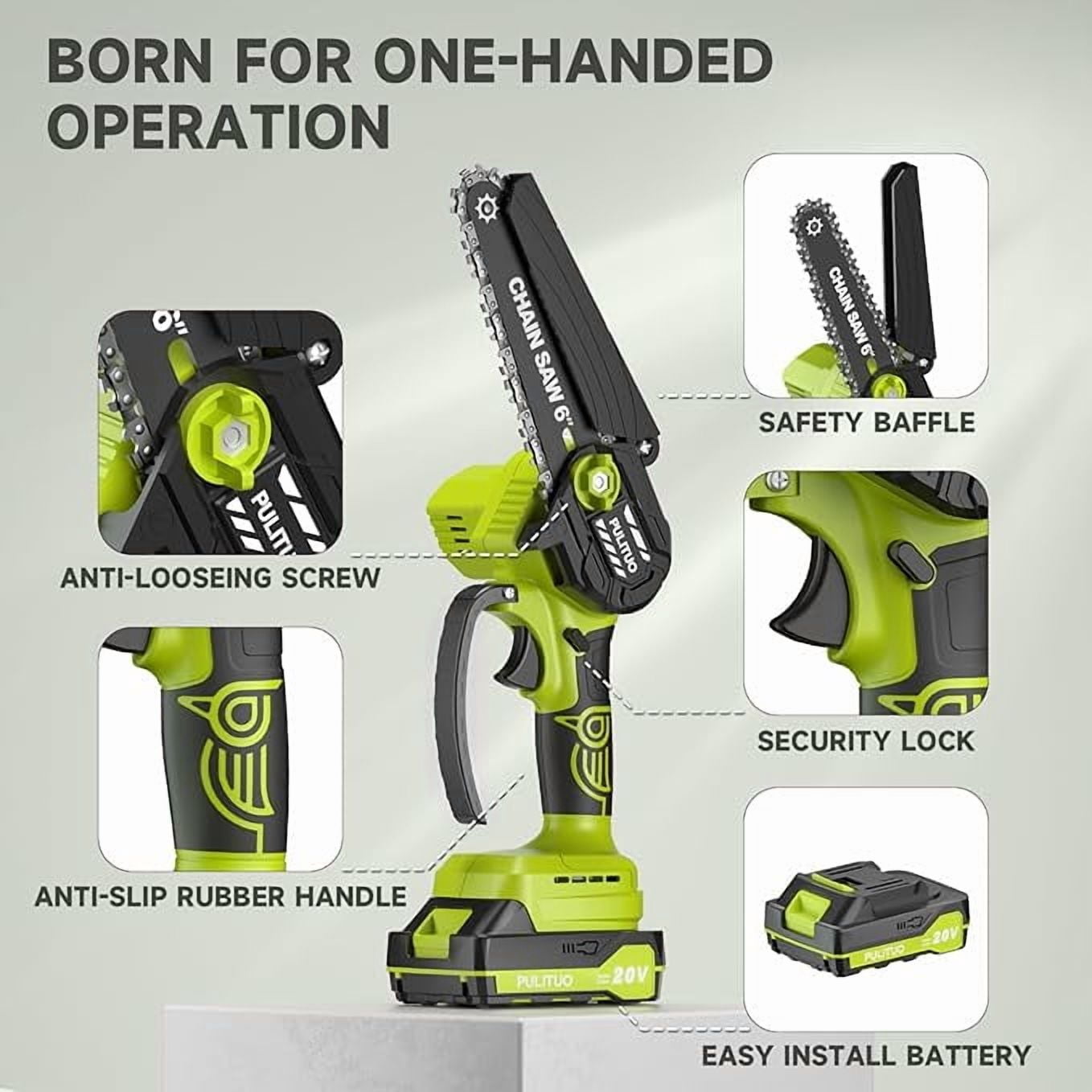Mini Cordless Chainsaw 6-Inch, Electric Handheld Brushless Saw with 2 Batteries, Portable for Wood Cutting, Tree Trimming, Garden, Yard Work