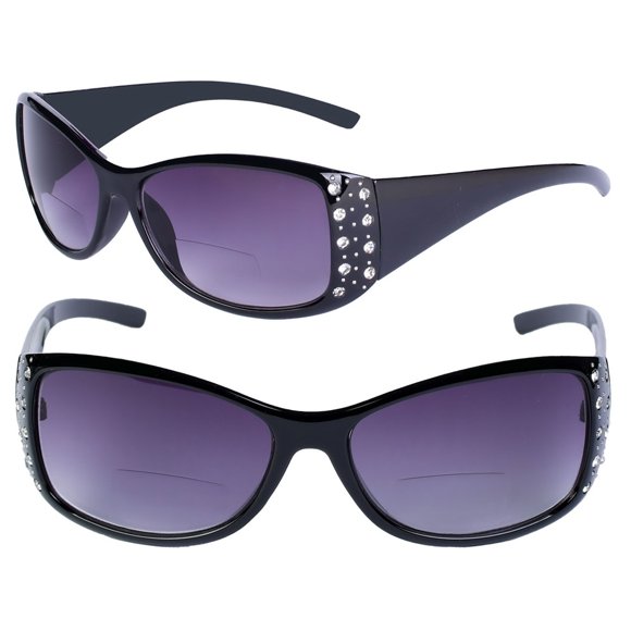 2 Pair of Womens Designer Bifocal Sunglasses with Rhinestones - Black/Black - 1.75